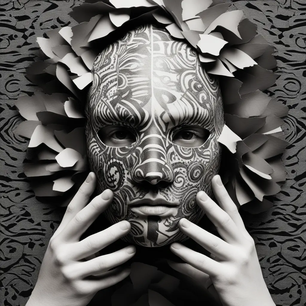 A black and white portrait of a person with their face halfcovered by a mask made of different textures and patterns suggesting the hidden depths and complexities of personality
