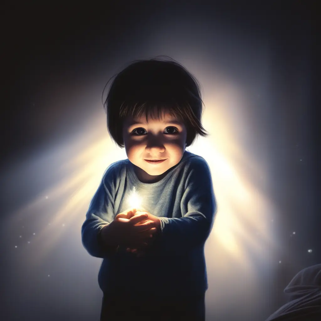 A child hugging themselves in a dark room with a small glowing light shining through
