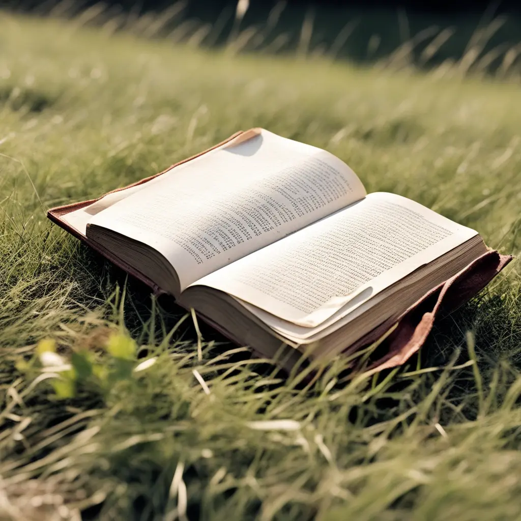 A weathered book lying open on a grassy knoll, with pages fluttering in the breeze and inviting the viewer to read.