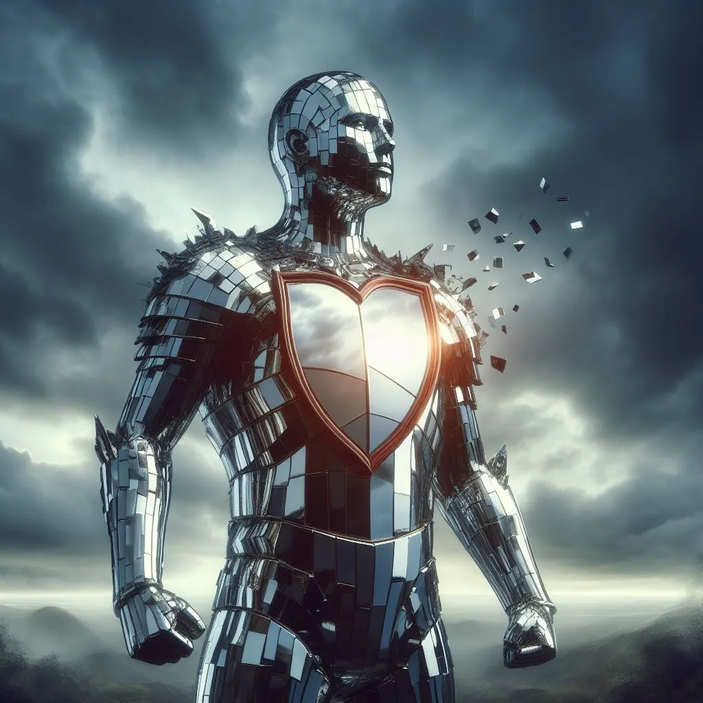 A person wearing a suit of armor made of mirrors, reflecting their surroundings. They are standing tall and confident, with their head held high and a determined expression on their face. The background could be a stormy sky or a battlefield to symbolize challenging situations. The image should convey a sense of protection, resilience, and self-confidence, highlighting how good self-esteem acts as emotional armor, shielding the person from negative emotions and external criticism.