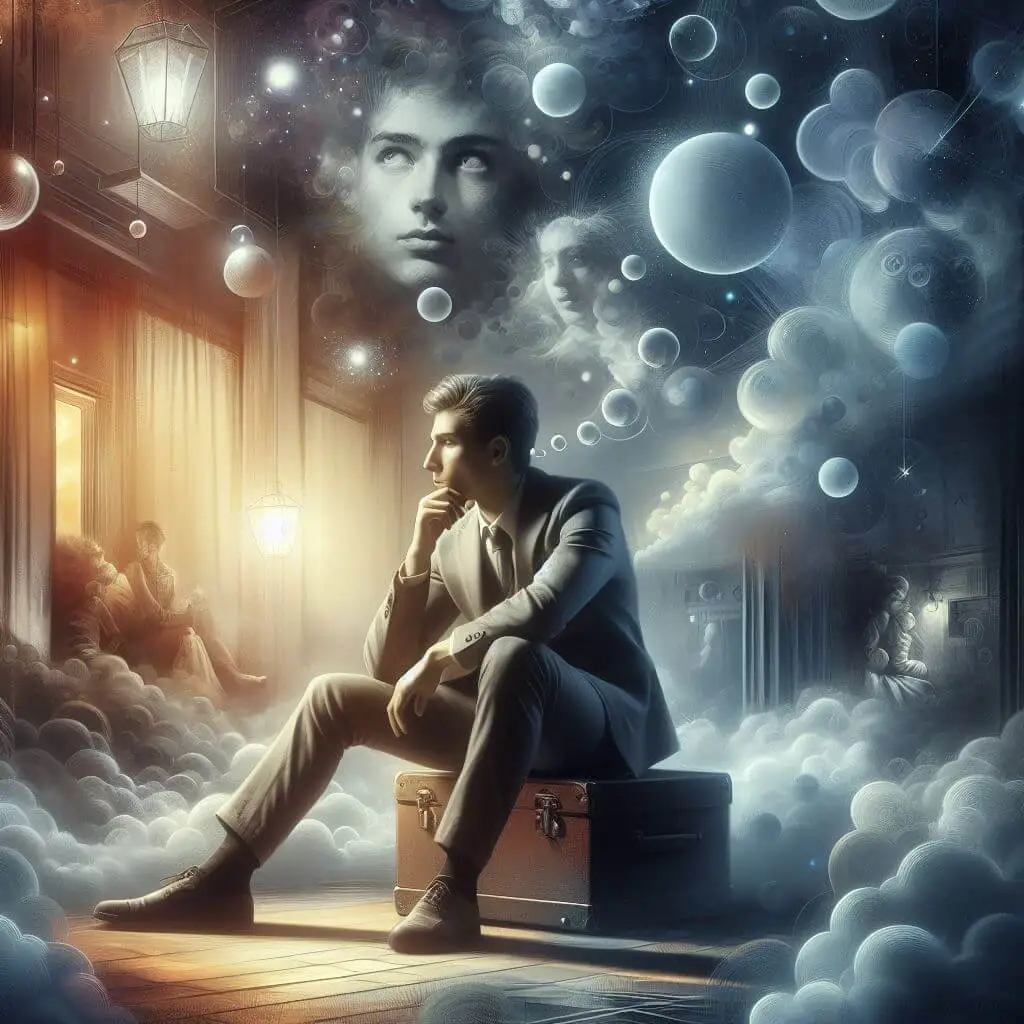 A person, with a contemplative expression, surrounded by thought bubbles revealing their inner world. The scene is set in a dimly lit room, with soft shadows and a hint of mystery. The mood is introspective and thought-provoking. Medium: Digital illustration with a mix of realism and surrealism. Techniques include blended colors, intricate details, and use of light and shadow.