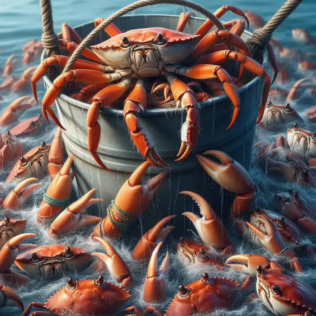 An image of crabs in a bucket, grabbing onto each other and pulling each other down as they try to escape.