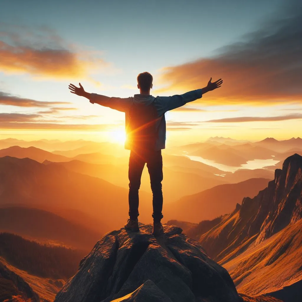 A hiker standing triumphantly on a mountaintop, arms outstretched towards the sky, overlooking a breathtaking sunrise/sunset view of the surrounding landscape. The photo should be high-resolution, with excellent composition and colors, conveying a sense of self-confidence, accomplishment, and resilience.