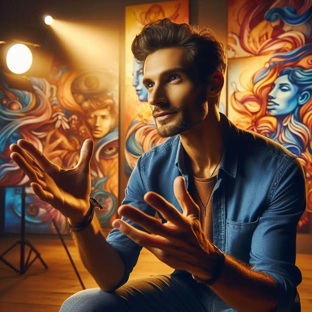 A captivating photograph capturing the essence of expressing the Interactional Self. The subject, with a confident yet approachable demeanor, engages in a conversation with animated hand gestures. The background showcases vibrant artwork, symbolizing various forms of artistic expression. The lighting is warm, enhancing the mood of creativity and connectivity.