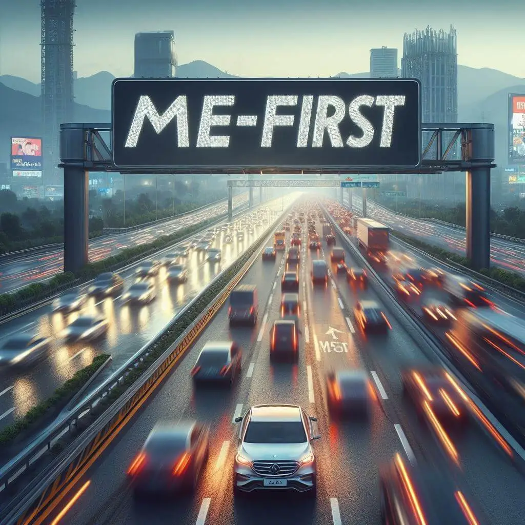  An image of a busy highway with cars rushing ahead, and a sign that reads "Me-First" prominently displayed.