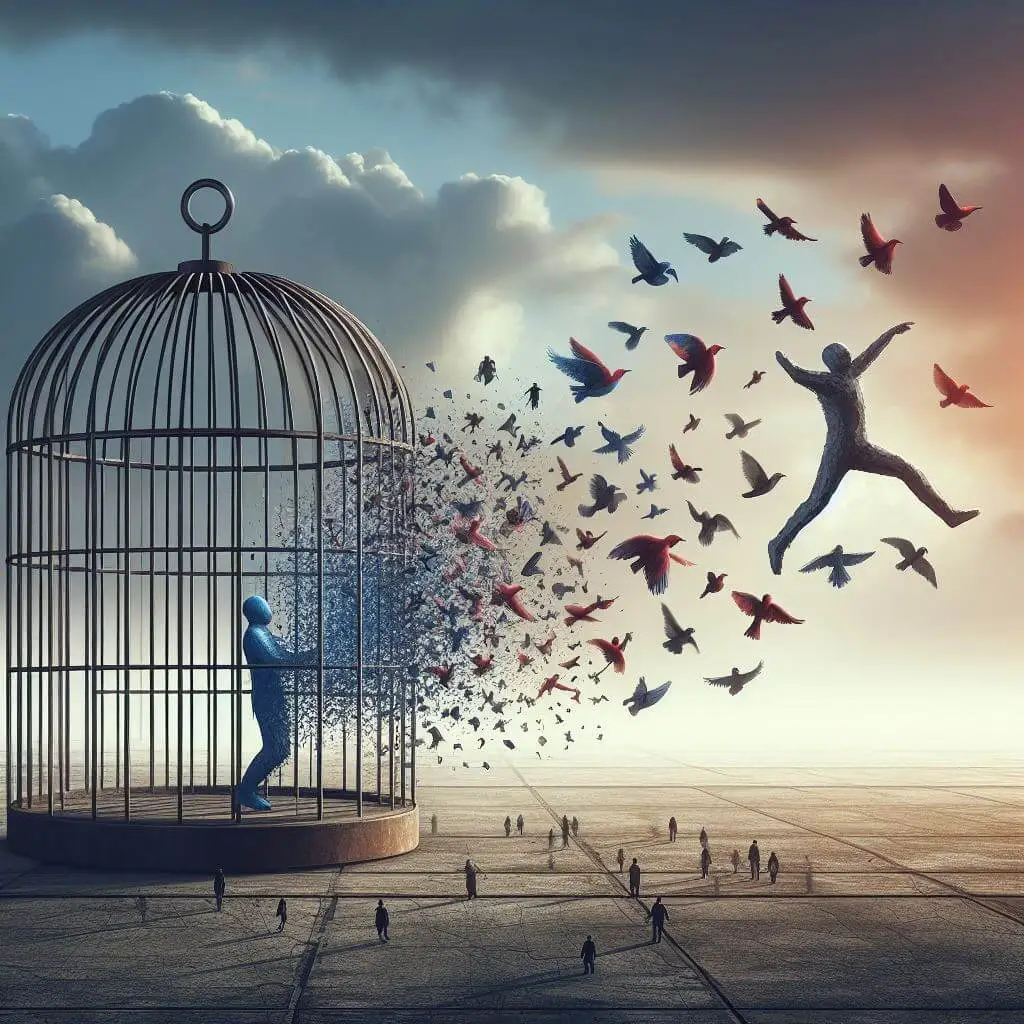 Overcoming. An image of a person breaking free from a cage made of social norms and expectations, representing the struggle to think independently and develop one's own unique perspective.