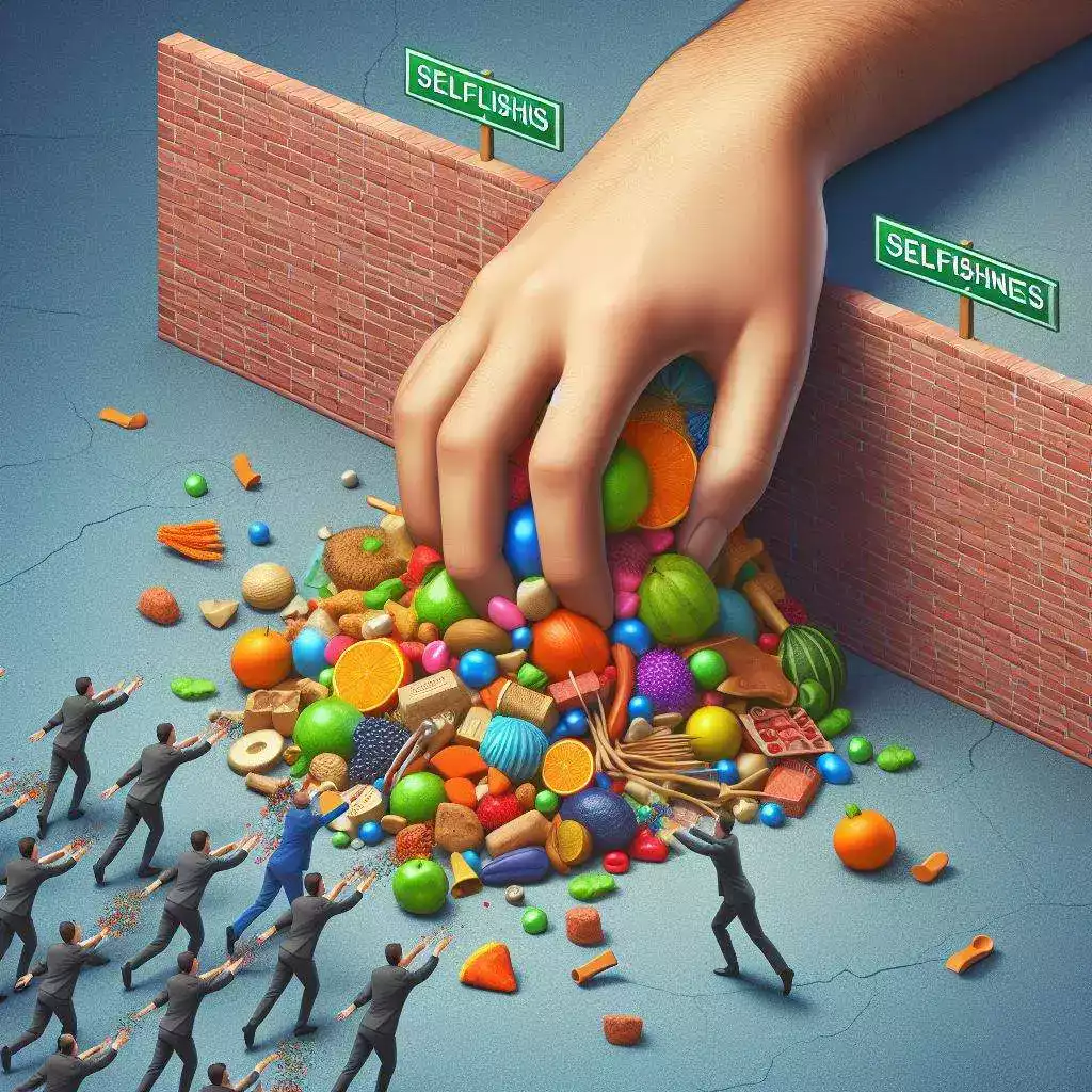 A single, oversized hand reaching greedily towards a pile of colorful objects (representing resources, opportunities, etc.) while other smaller hands are pushed away or blocked by a brick wall labeled Selfishness. This visually represents the concept of selfishness and metaphors discussed in the article, such as the Greedy Gobbler and the One-Way Street Dilemma.