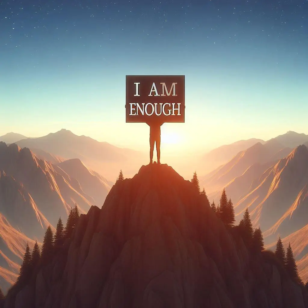 A person stands confidently atop a mountain, holding a sign that says "I am enough." The image conveys self-confidence and the benefits of a positive self-concept. It could be used as the header for a blog post on cultivating a positive self-image. represent(Positive Self Concept)